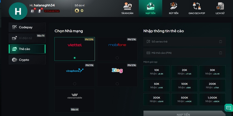 Nạp tiền bằng thẻ cào rất đơn giản chỉ vài bước cho người chơi